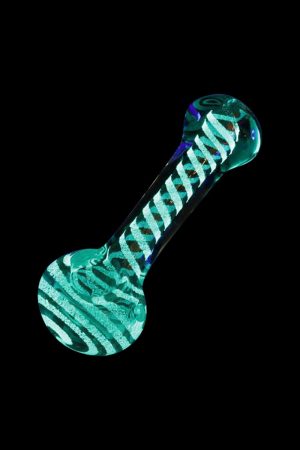 Front view of the Glow in the Dark Swirl Hand Pipe, featuring a swirling, translucent green glass design against a black background.