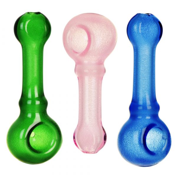 Three glass smoking pipes in green, pink, and blue.