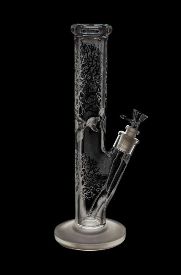 Front view of the Glow in the Dark Tree Water Pipe, a tall, clear glass pipe with a tree branch design.