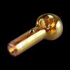 A close-up side view of the Gold Fumed Hand Pipe, showcasing its smooth curves and golden sheen against a dark background.