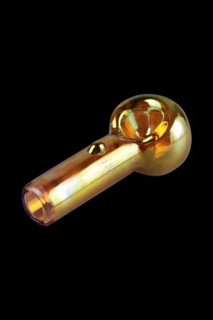 A close-up side view of the Gold Fumed Hand Pipe, showcasing its smooth curves and golden sheen against a dark background.