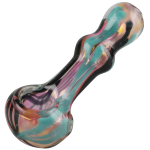 A detailed side view of the Gold Fumed Wig-wag Hand Pipe, showcasing its colorful glass swirls and curved design.