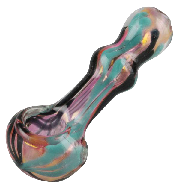 A detailed side view of the Gold Fumed Wig-wag Hand Pipe, showcasing its colorful glass swirls and curved design.