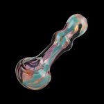 A slightly angled view of the Gold Fumed Wig-wag Hand Pipe, featuring a colorful, swirled glass design.