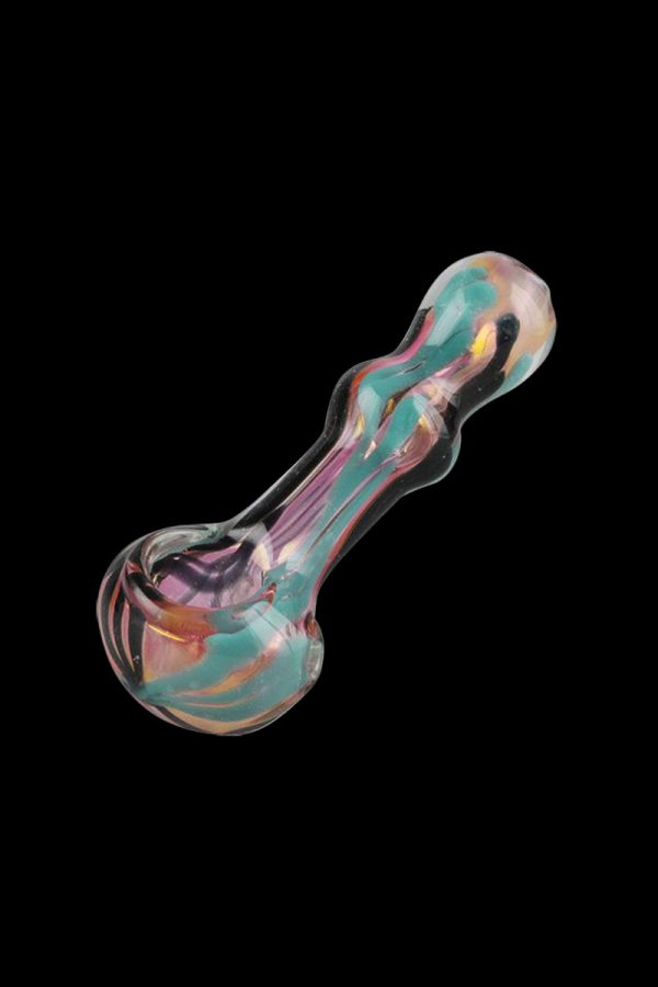 A slightly angled view of the Gold Fumed Wig-wag Hand Pipe, featuring a colorful, swirled glass design.