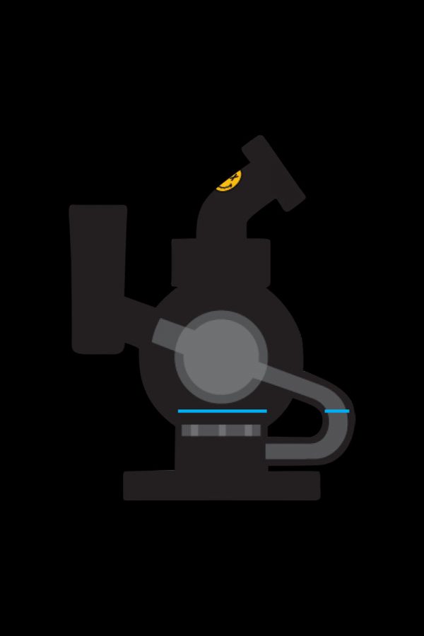 A three-quarter view of the Orbit Mini Rig 4-Piece Kit, featuring a small, clear glass water pipe with a unique design.