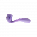 A side view of the “Puff Puff Pass Granddaddy Purple” strain pipe, showcasing its curved design and purple-tinted glass.