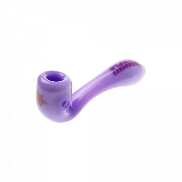 A close-up, angled view of the "Puff Puff Pass "Granddaddy Purple" Strain Pipe, showcasing its purple glass construction.