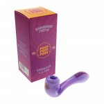 A close-up, angled view of the “Puff Puff Pass” “Granddaddy Purple” Strain Pipe with a dark purple hue and simple curved design.