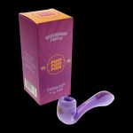 A studio shot of the "Puff Puff Pass "Granddaddy Purple" Strain Pipe" with a purple hue, angled slightly to showcase its curved design.