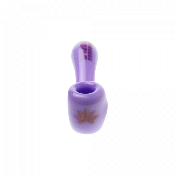 A close-up, angled view of the “Puff Puff Pass “Granddaddy Purple” Strain Pipe”, showcasing its smooth, purple glass construction.