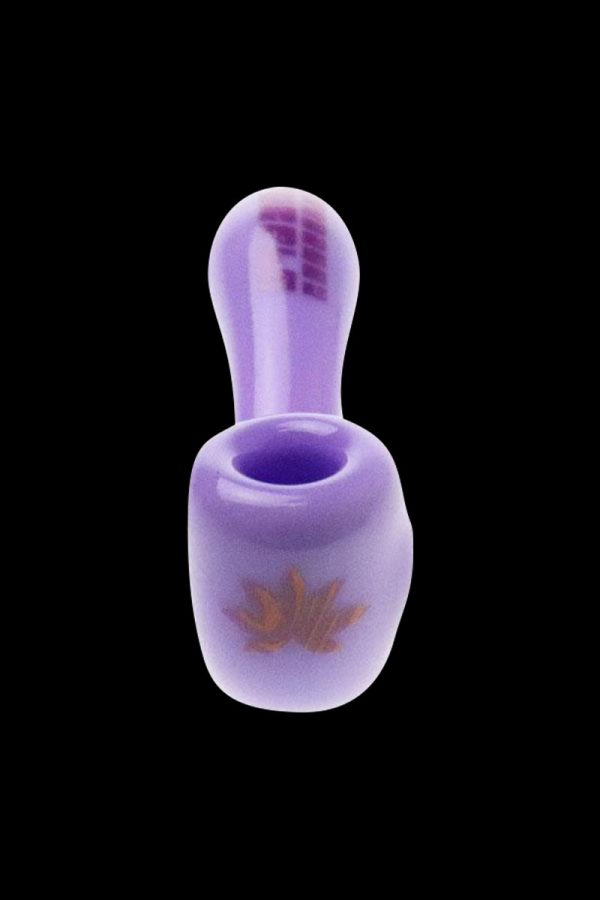 Front view of the “Puff Puff Pass “Granddaddy Purple” Strain Pipe, a purple glass pipe with a rounded bowl and slender mouthpiece.