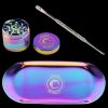 Overhead view of the Green Monkey Rainbow Finish Rolling Tray & Grinder Kit, showcasing the colorful sheen and included metal grinder.