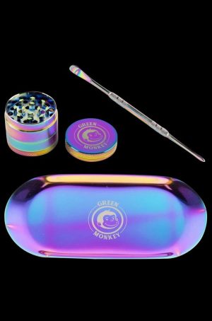 Overhead view of the Green Monkey Rainbow Finish Rolling Tray & Grinder Kit, showcasing the colorful sheen and included metal grinder.