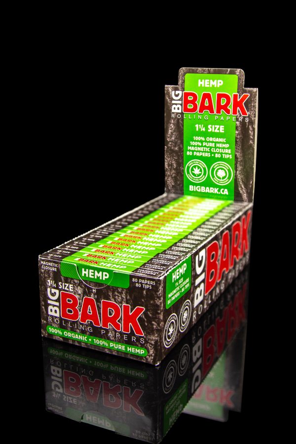Pack of “Big Bark” 1 ¼ size organic hemp rolling papers with 80 papers and tips, displayed against a black background.
