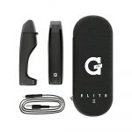 Front view of the G-Pen Elite II Herb Vaporizer, a black, cylindrical device displayed next to a coiled charging cable.
