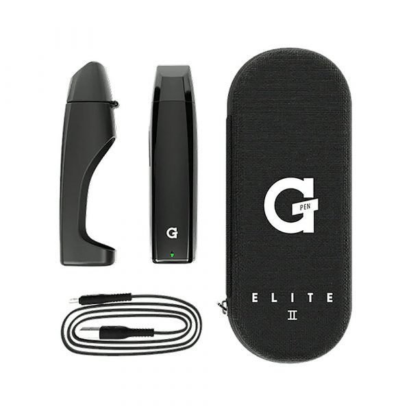 Front view of the G-Pen Elite II Herb Vaporizer, a black, cylindrical device displayed next to a coiled charging cable.