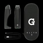 A front view of the G-Pen Elite II Herb Vaporizer, shown in a sleek, dark design against a plain black background.