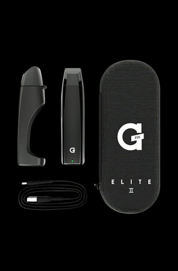 A front view of the G-Pen Elite II Herb Vaporizer, shown in a sleek, dark design against a plain black background.
