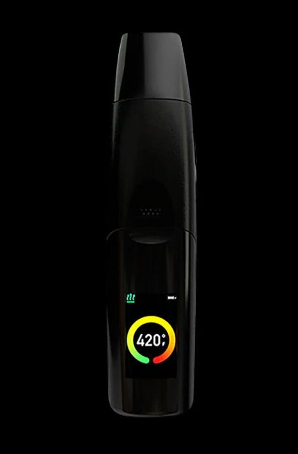 Front view of the G-Pen Elite II Herb Vaporizer, a sleek black handheld device with a minimalist design.