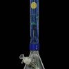 Blue glass bong with intricate designs and a clear glass mouthpiece, isolated on a black background.