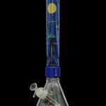Blue glass bong with intricate designs and a clear glass mouthpiece, isolated on a black background.