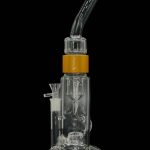 Clear glass water pipe (bong) with a downstem and orange branding.