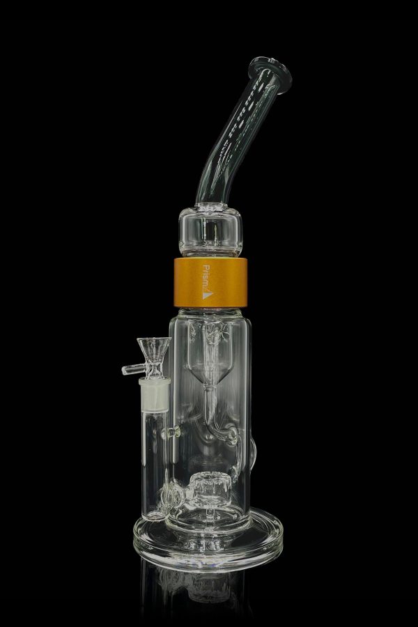 Clear glass water pipe (bong) with a downstem and orange branding.
