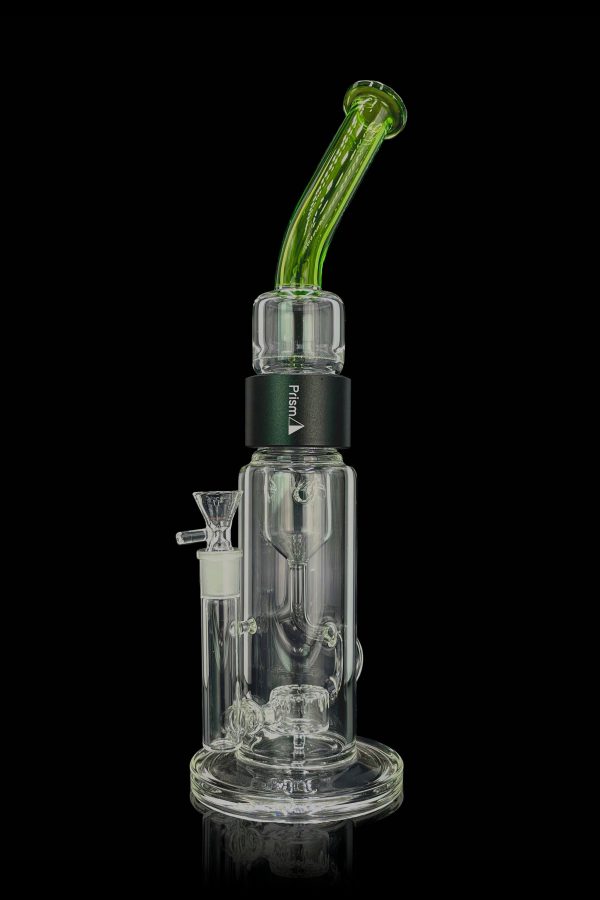 Clear glass water pipe (bong) with a green mouthpiece and black branding.
