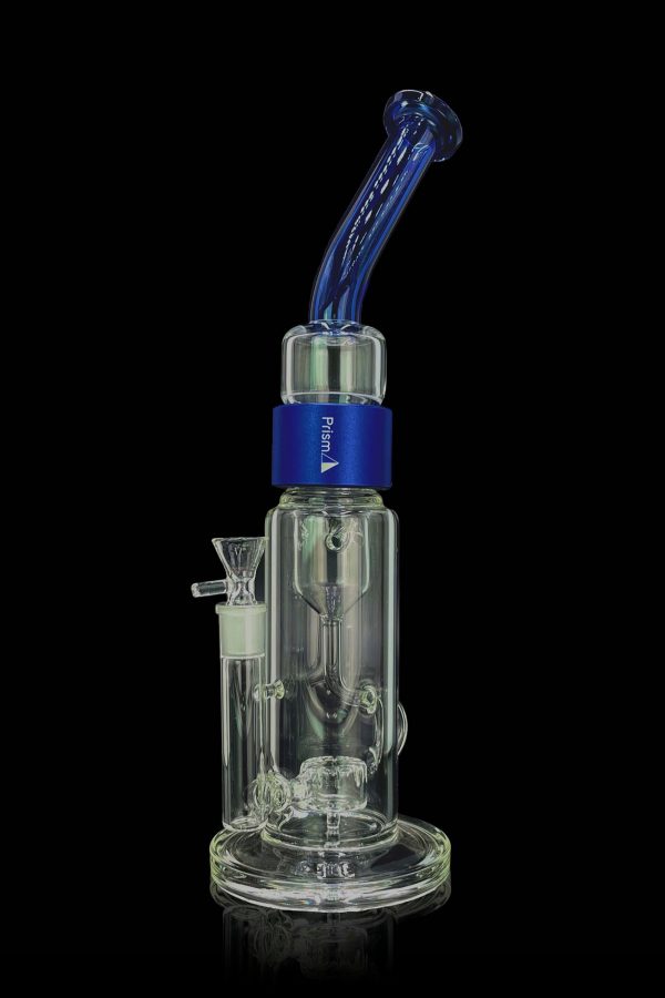 Clear glass bubbler with blue accents and a cannabis smoking bowl.