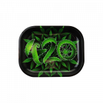Top-down view of the Puff Puff Pass 420 Rolling Tray, featuring a black background and minimalist design.