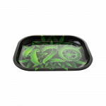Overhead view of the Puff Puff Pass 420 Rolling Tray featuring a patterned design against a dark background.