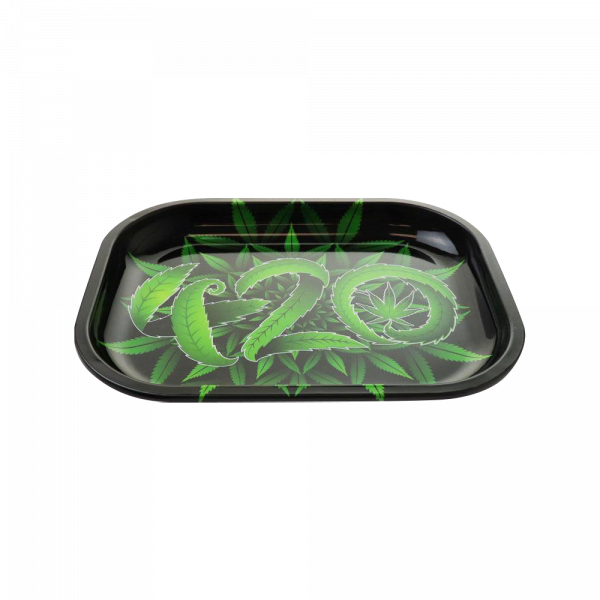 Overhead view of the Puff Puff Pass 420 Rolling Tray featuring a patterned design against a dark background.