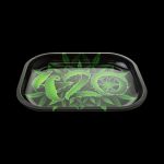 An overhead view of the Puff Puff Pass 420 Rolling Tray displaying bold graphics on a black surface.