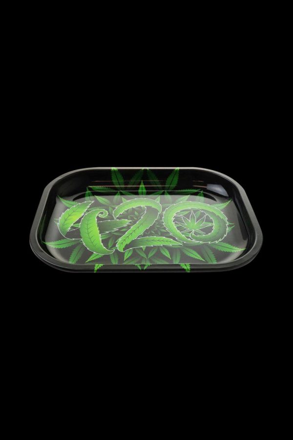 An overhead view of the Puff Puff Pass 420 Rolling Tray displaying bold graphics on a black surface.