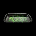 A top-down view of the Puff Puff Pass 420 Rolling Tray, featuring a black surface with white lettering.