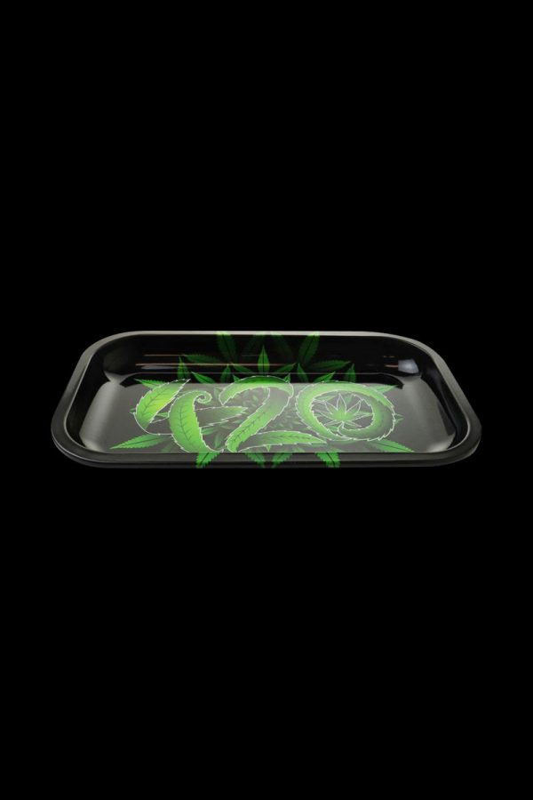A top-down view of the Puff Puff Pass 420 Rolling Tray, featuring a black surface with white lettering.