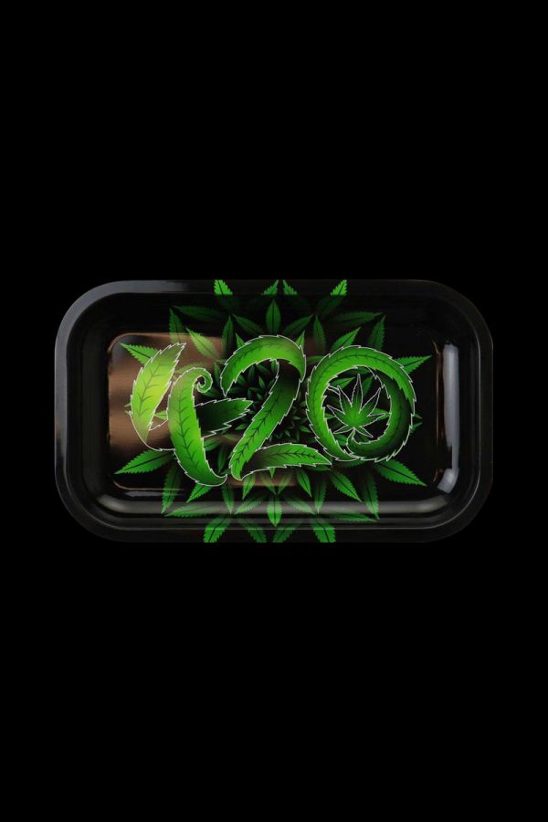 Top-down view of the Puff Puff Pass 420 Rolling Tray featuring a decorative emblem on a black background.