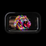 A top-down view of the Puff Puff Pass Rolling Tray - Lion, displaying a detailed lion graphic within a rectangular black tray.