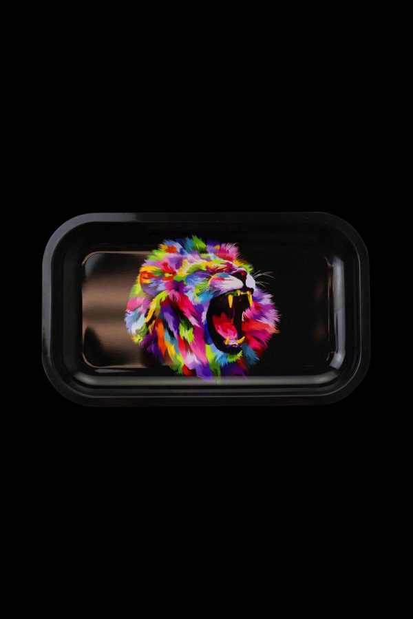 A top-down view of the Puff Puff Pass Rolling Tray - Lion, displaying a detailed lion graphic within a rectangular black tray.