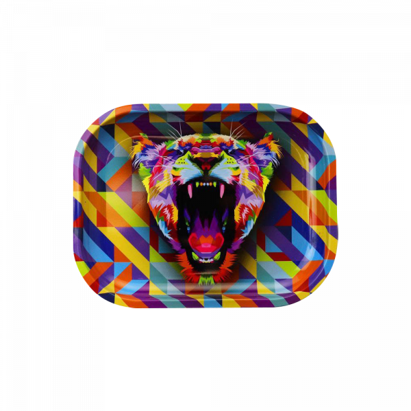 A top-down view of the “Puff Puff Pass “Lioness” Rolling Tray” featuring a vibrant, geometric lioness design on a flat surface.