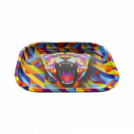 A top-down view of the “Puff Puff Pass” “Lioness” Rolling Tray, displaying a vibrant lioness graphic against a black background.
