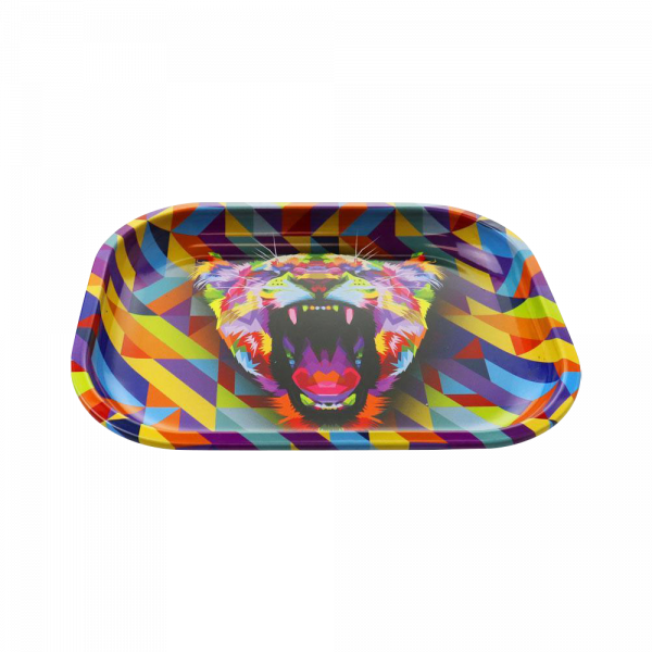 A top-down view of the “Puff Puff Pass” “Lioness” Rolling Tray, displaying a vibrant lioness graphic against a black background.