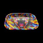 A top-down view of the "Puff Puff Pass "Lioness" Rolling Tray" displaying a lioness graphic against a dark background.