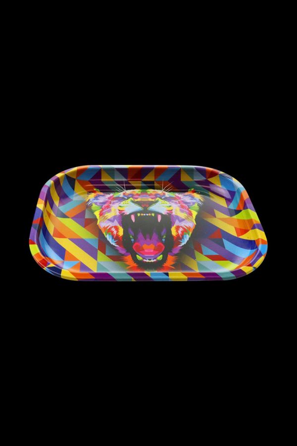A top-down view of the "Puff Puff Pass "Lioness" Rolling Tray" displaying a lioness graphic against a dark background.