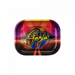 A top-down view of the “Puff Puff Pass Ganja” rolling tray with a colorful, swirling design and a glossy finish.