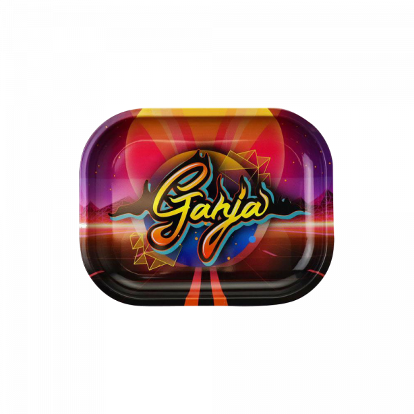 A top-down view of the “Puff Puff Pass Ganja” rolling tray with a colorful, swirling design and a glossy finish.