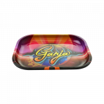 A top-down view of the "Puff Puff Pass Ganja" rolling tray featuring colorful geometric designs on a dark background.