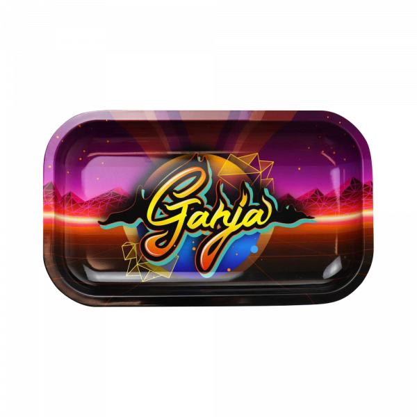 A top-down view of the “Puff Puff Pass Ganja” rolling tray featuring a colorful geometric design on a dark surface.