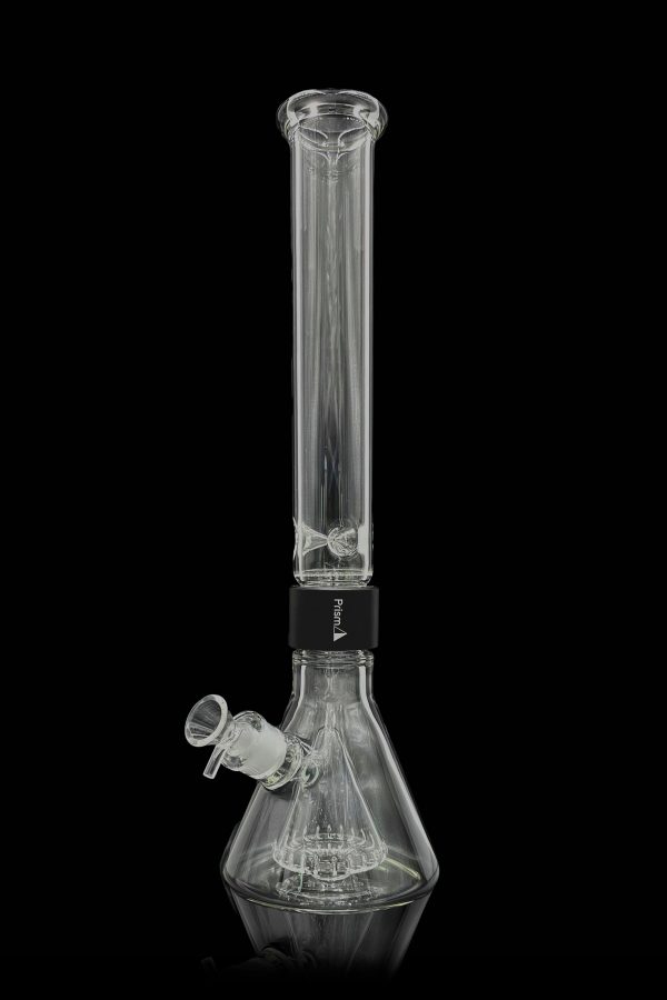 Clear glass water pipe (bong) with ice catcher and black branded neck against a black background.